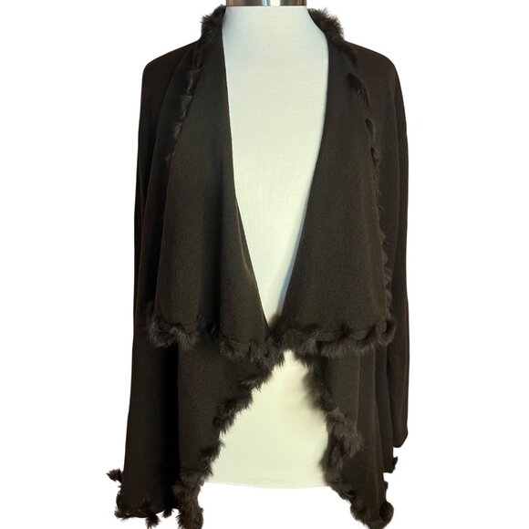 Jones New York Signature L  Brown Rabbit Fur Trim Cardigan Viscose/Lamb Wool - Picture 1 of 16